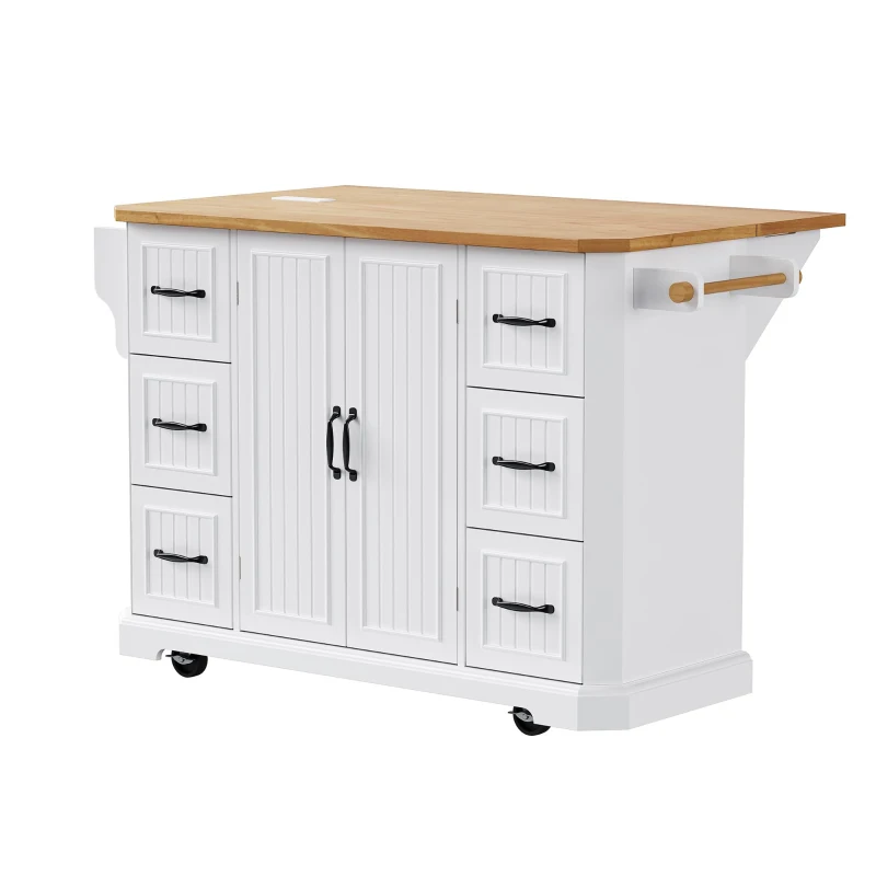 Kitchen Island with Power Outlet and Drop Leaf, 4 Door Shelves, Rolling Cart with Adjustable Shelves, Hidden Wheels, 55.5" L x 30" W x 36" H, White