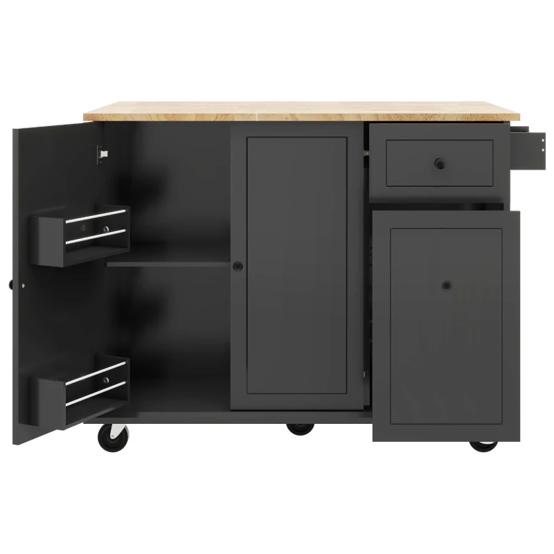 Kitchen Island with 3-Tier Pull-Out Cabinet Organizer, Wood Drop Leaf, Storage Racks, Rolling Cart on Wheels, 54" L x 29" W x 37" H, Black