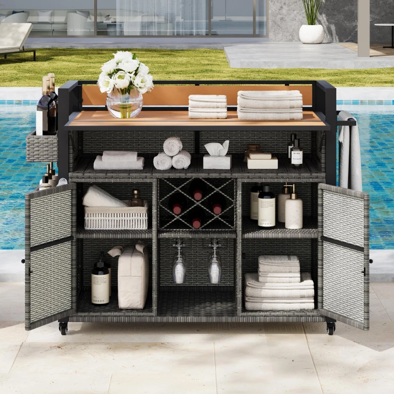Outdoor Grill Cart with Extended Table Top, Rolling Kitchen Island on Wheels with Storage Cabinet, Double Handle, 53" L x 28.3" W x 41.5" H, Gray