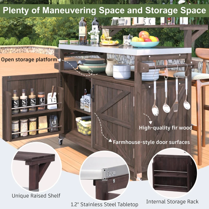 Outdoor Kitchen Island with Raised Shelf, Storage Cabinet, Stainless Steel Top, Rolling Grill Cart with Adjustable Shelves, Spice Rack, Brown