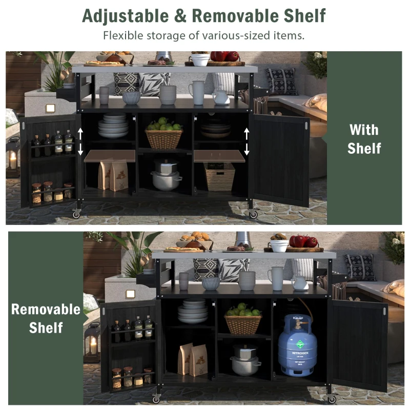 Outdoor Kitchen Island Cart, Rolling Bar Cart with Stainless Steel Top, Spice Rack, Towel Rack, Lockable Wheels, 50" L x 18.5" W x 36.5" H, Black