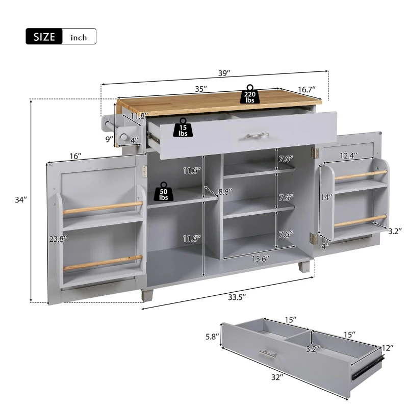 Kitchen Cart with Rubber Wood Top, Internal Storage Rack, Drawer with Dividers, Utility Island with Adjustable Shelves, 39" L x 26" W x 34" H, Gray