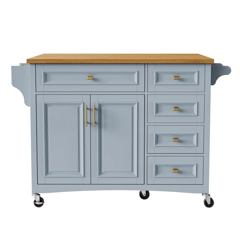 Kitchen Island with Drop Leaf, Towel Rack, 5 Drawers, Adjustable Shelf, Mobile Cart on Wheels with Spice Rack, 52" L x 29.5" W x 36" H, Blue+Grey