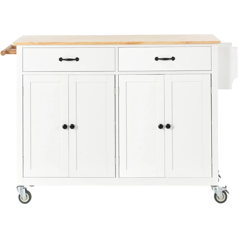 Kitchen Island Cart with 4-Door Cabinet, 2 Drawers, Solid Wood Top, Spice and Towel Racks, Locking Wheels, 54.5" L x 18.5" W x 36" H, White