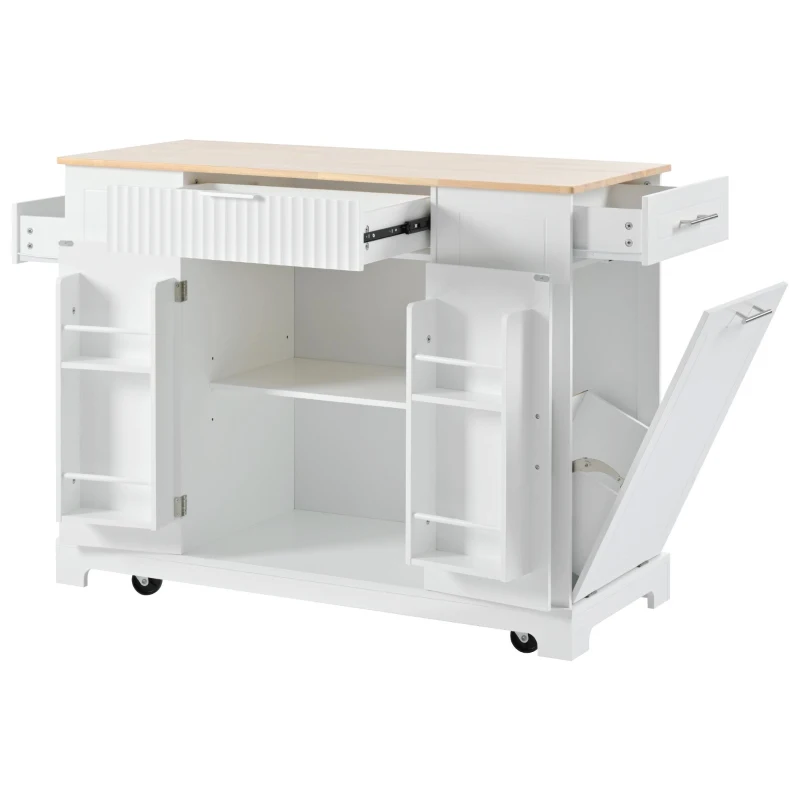 Fluted Kitchen Island with Trash Can Storage, Power Outlet, Internal Rack, Rolling Cart on 5 Wheels with 3 Drawers, 3 Open Side Racks, White