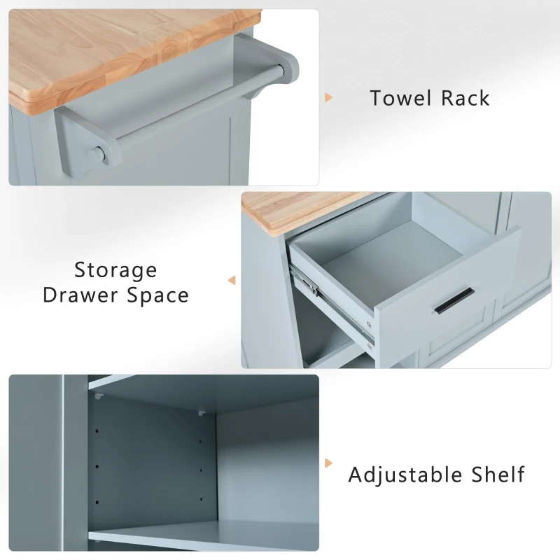 Kitchen Island Cart with Foldable Countertop, Adjustable Shelves, Towel Rack, Drawer, and Lockable Wheels, 49" L x 33.2" W x 37.5" H, Gray+Blue