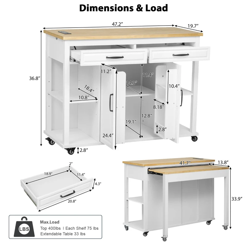 Kitchen Island with Extendable Dining Table, Rubber Wood Veneer, Internal Rack, Power Outlet, 2 Drawers, 2 Cabinets, 47" L x 33.5" W x 37" H, White