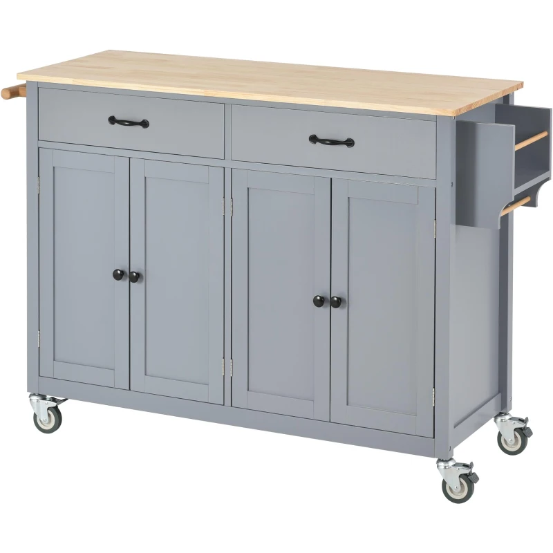 Kitchen Island Cart with 4-Door Cabinet, 2 Drawers, Solid Wood Top, Locking Wheels, Spice and Towel Racks, 54.5" L x 18.5" W x 36" H, Blue