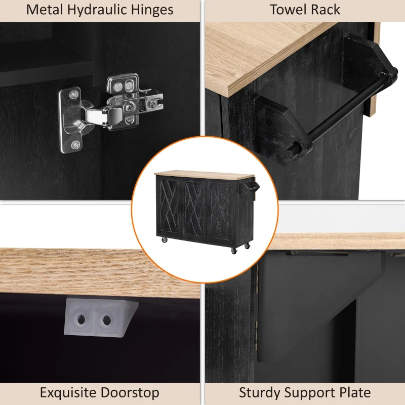 Farmhouse Kitchen Island with Drop Leaf, Internal Racks, Adjustable Shelves, Rolling Cart on Wheels with Towel Rack, 51" L x 29.5" W x 36" H, Black