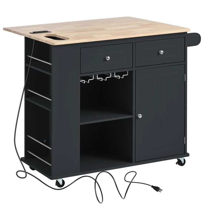 Kitchen Cart with Power Outlet, Drop Leaf, Wine Rack, Adjustable Shelves, Central Island with Lockable Wheels, 40" L x 29.5" W x 34" H, Black