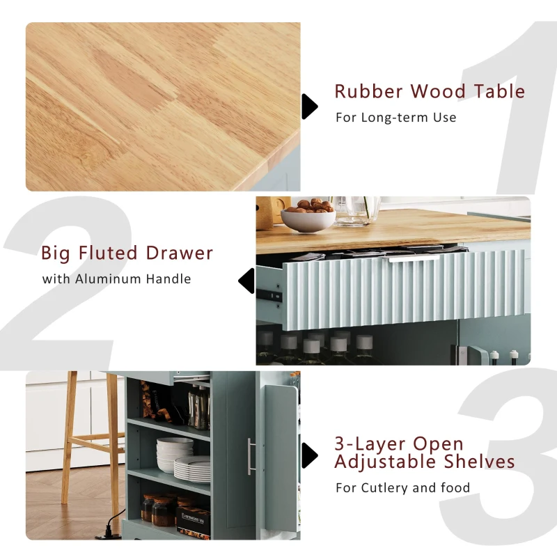 Fluted Kitchen Island with Trash Can Storage, Power Outlet, Adjustable Shelves, 3 Drawers, 3 Side Racks, 48.5" L x 20.5" W x 36.5" H, Gray+Blue