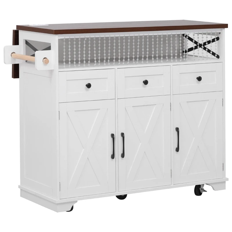 Farmhouse Kitchen Island Cart with Beaded Drape, Power Outlet, Drop Leaf, Rolling Wheels, 3 Doors, 3 Drawers, Adjustable Shelves, White