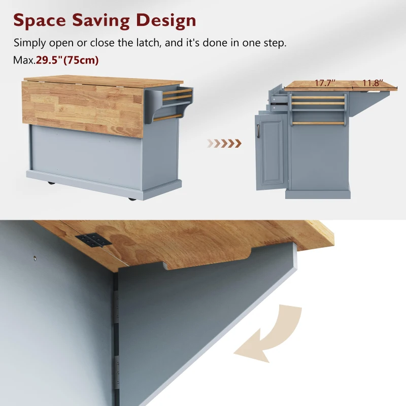 Kitchen Island Cart with Rubber Wood Drop Leaf, Embossed Texture, Adjustable Shelves, Hidden Wheels, 3 Drawers, 54" L x 29.5" W x 36" H, Grey+Blue