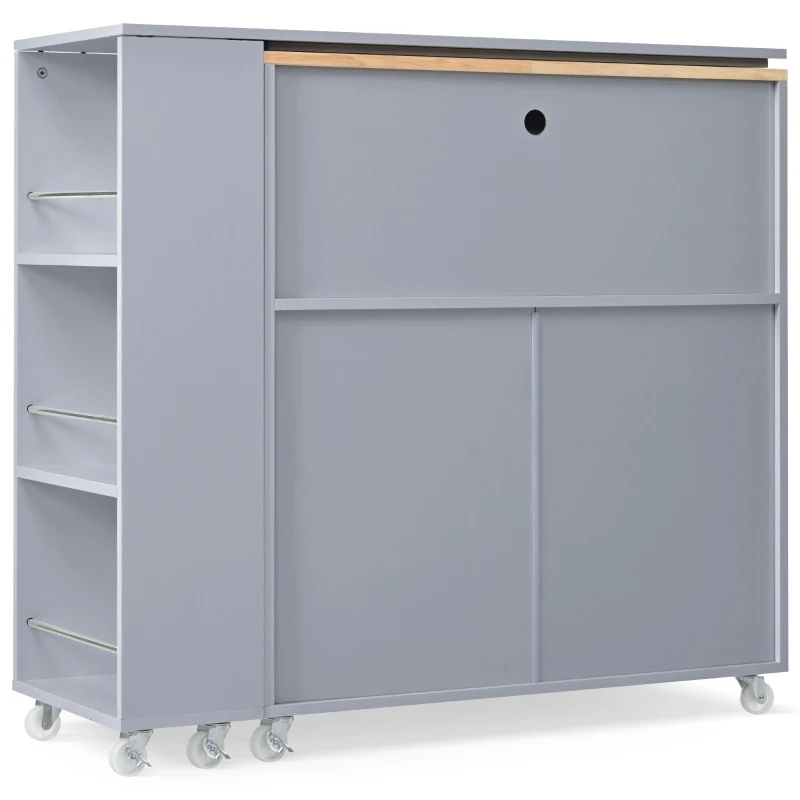 Extended LED Kitchen Island with Power Outlets, Adjustable Shelves, Central Island with Fluted Glass Doors, 56.5" L x 33" W x 38" H, Slate Blue