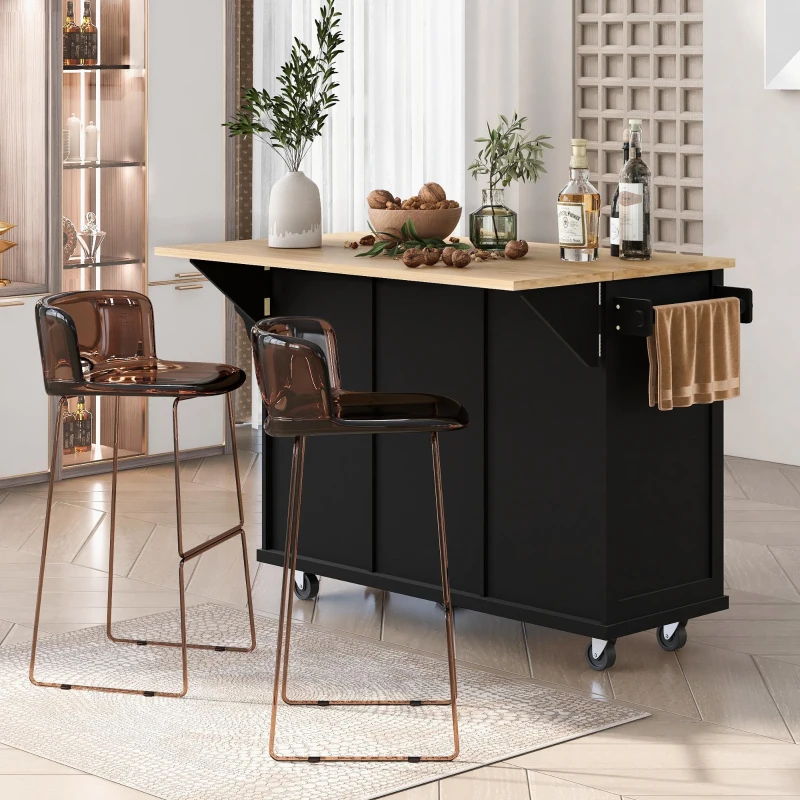 Kitchen Cart with 5 Wheels, 3 Drawers, Storage Cabinets, Central Island with Rubberwood Drop-Leaf Countertop, 53" L x 29.5" W x 37" H, Black(m-10)