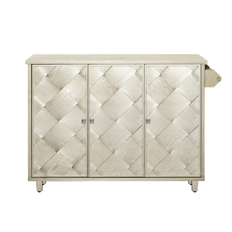 Kitchen Island Cart with Drop Leaf, Handwoven Ash Veneer Doors, Adjustable Shelves, and Lockable Wheels, 51" L x 29.5" W x 36" H, Champagne