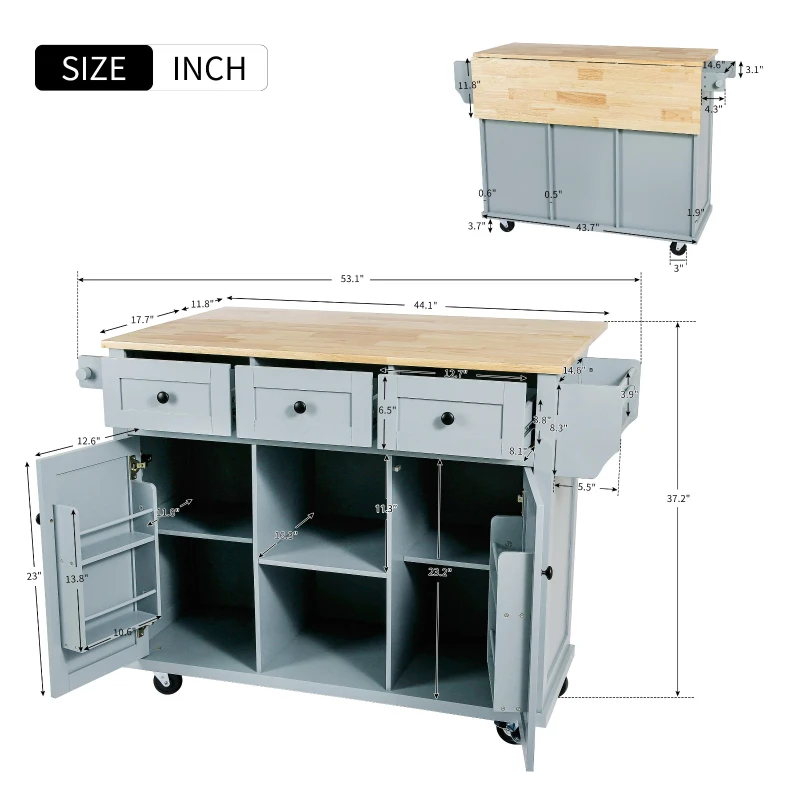 Kitchen Cart with Wood Drop-Leaf Countertop, Internal Storage Racks, Utility Island with Cabinets and Drawers, 53" L x 29.5" W x 37" H, Blue