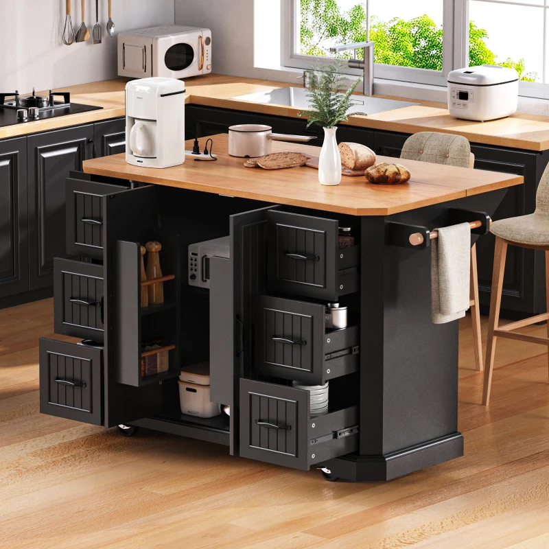 Rolling Kitchen Island Cart with Drop Leaf, Power Outlet, 4 Door Shelves, 6 Drawers, Adjustable Shelves, Spice Rack, 55.5" L x 30" W x 36" H, Black