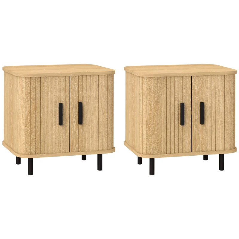 HOMCOM Nightstand Set of 2, Side Table with Shutter Doors, Sofa End Table with Steel Frame, for Bedroom, Living Room, Oak