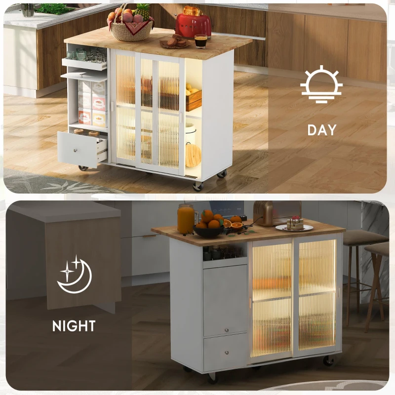 Kitchen Cart with Drop Leaf, LED Light, Sliding Glass Doors, Adjustable Shelf, Central Island with Rolling Wheels, 44" L x 27" W x 37" H, White