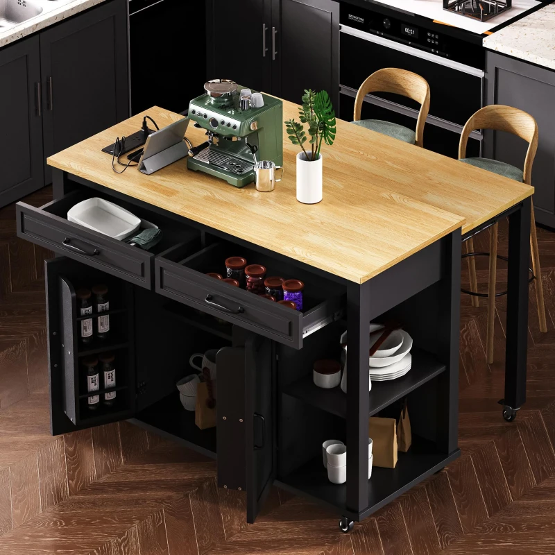 Kitchen Island with Extendable Dining Table, Rubber Wood Veneer, Internal Rack, Power Outlet, Drawers and Cabinets, 47" L x 33.5" W x 37" H, Black