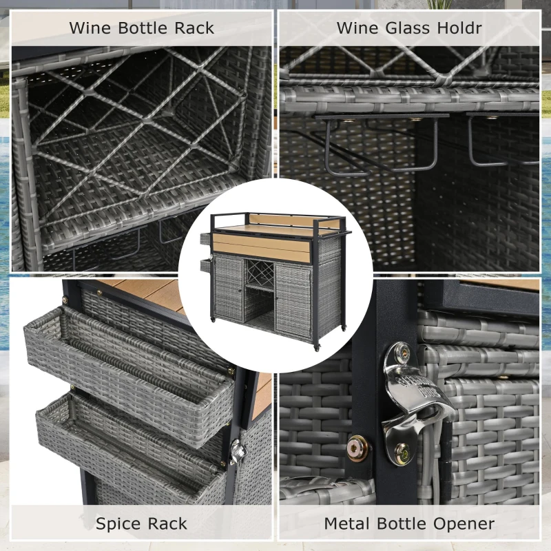 Outdoor Grill Cart with Extended Table Top, Rolling Kitchen Island on Wheels with Storage Cabinet, Double Handle, 53" L x 28.3" W x 41.5" H, Gray