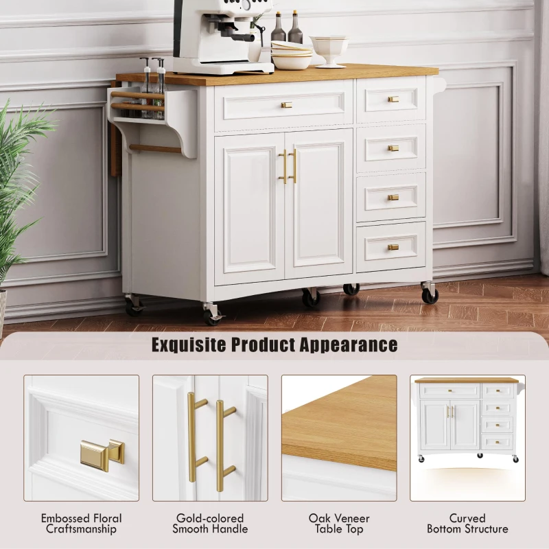 Kitchen Island with Spice Rack, Drop Leaf, Towel Rack, 2 Doors, 5 Drawers, Adjustable Shelf, Embossed Texture, 52" L x 29.5" W x 36" H, White