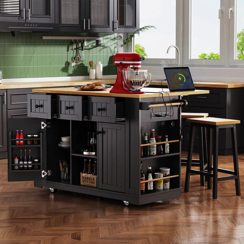 Kitchen Island with Internal Rack, Drop Leaf, Power Outlet, Rolling Cart with Adjustable Shelves and Drawers, 50" L x 29.5" W x 36.5" H, Black