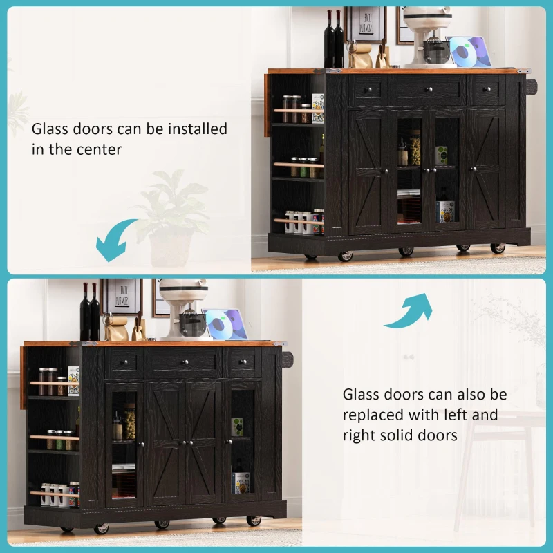 Farmhouse Kitchen Island with Tempered Glass Doors, Power Outlet, Rolling Cart with Drop Leaf, 5 Racks, 3 Drawers, 53" L x 29.5" W x 36" H, Black