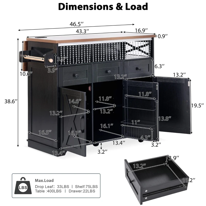 Farmhouse Kitchen Island Cart with Beaded Drape, Power Outlet, Drop Leaf, Adjustable Shelves, Perfect for Kitchen and Dining Room, Black