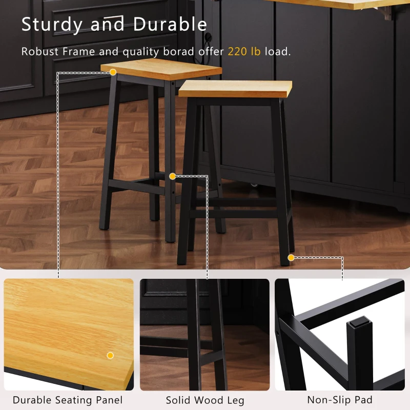 Set of 2 Solid Wood Bar Stools with Anti-Scratch Pads, Farmhouse Design, Kitchen Counter Stools with Footrests, 16" L x 11" W x 25.5" H, Black