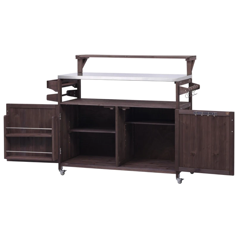 Outdoor Kitchen Island with Raised Shelf, Storage Cabinet, Stainless Steel Top, Rolling Grill Cart with Adjustable Shelves, Spice Rack, Brown