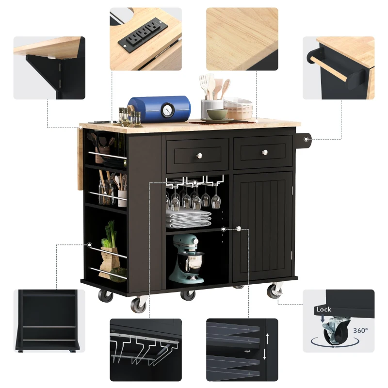 Kitchen Cart with Power Outlet, Drop Leaf, Wine Rack, Adjustable Shelves, Central Island with Lockable Wheels, 40" L x 29.5" W x 34" H, Black
