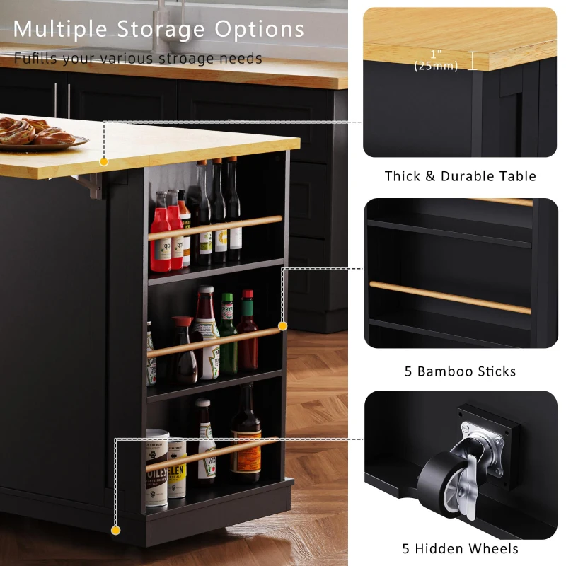 Mobile Rolling Kitchen Island with 2 Bar Stools, Power Outlet, Internal Storage Rack, Utility Island with Drop Leaf, Adjustable Shelves, Black