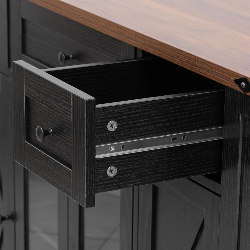 Farmhouse Kitchen Island with Tempered Glass Doors, Power Outlet, Rolling Cart with Drop Leaf, 5 Racks, 3 Drawers, 53" L x 29.5" W x 36" H, Black