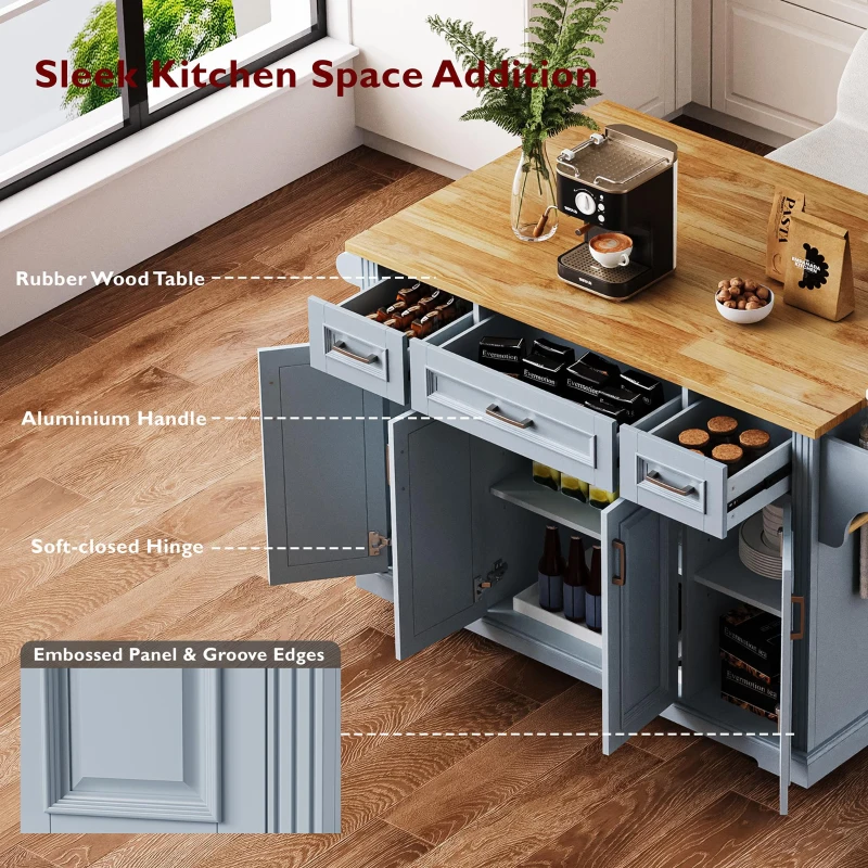 Kitchen Island Cart with Rubber Wood Drop Leaf, Embossed Texture, Adjustable Shelves, Hidden Wheels, 3 Drawers, 54" L x 29.5" W x 36" H, Grey+Blue