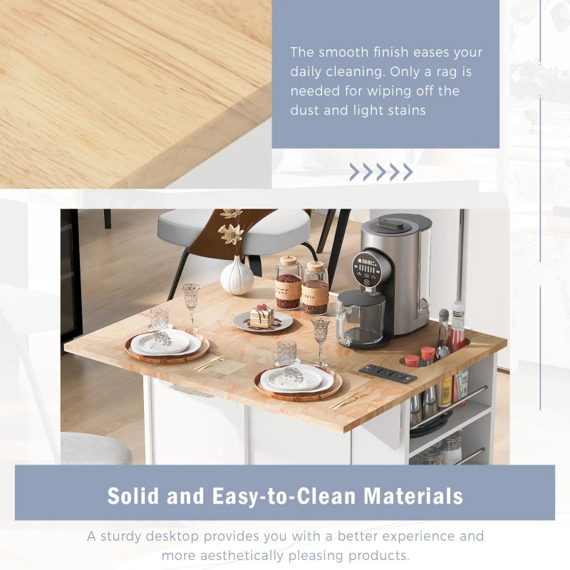 Kitchen Island with Power Outlet, Drop Leaf, Wine Rack, Adjustable Shelves, Utility Cart with Lockable Wheels, 40" L x 29.5" W x 34" H, White