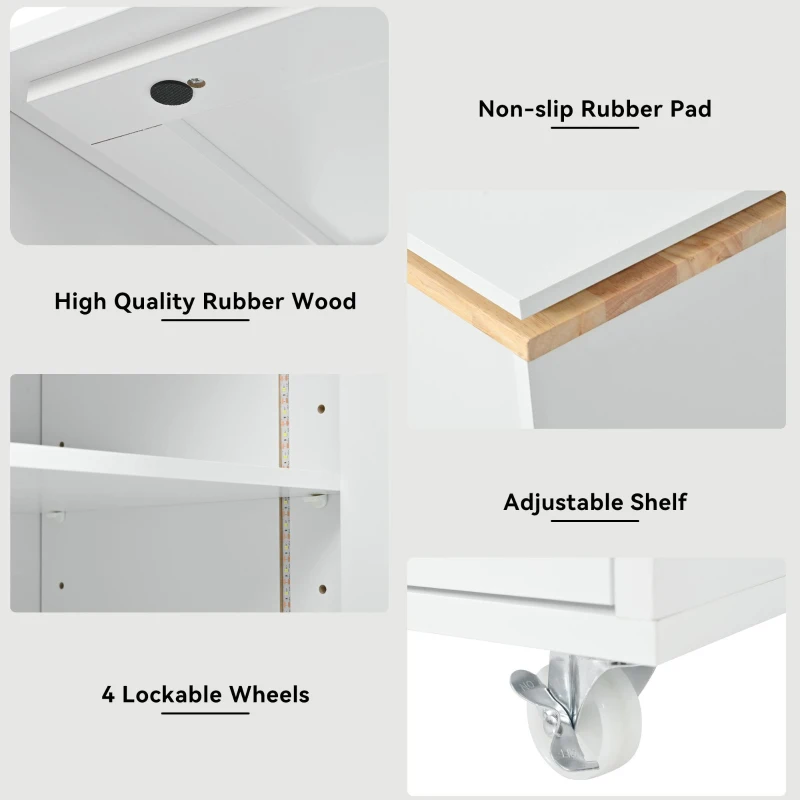 LED Kitchen Island with Extended Table, Power Outlets, Fluted Glass Doors, Utility Cart with Shelves and Cabinet, 56.5" L x 33" W x 38" H, White