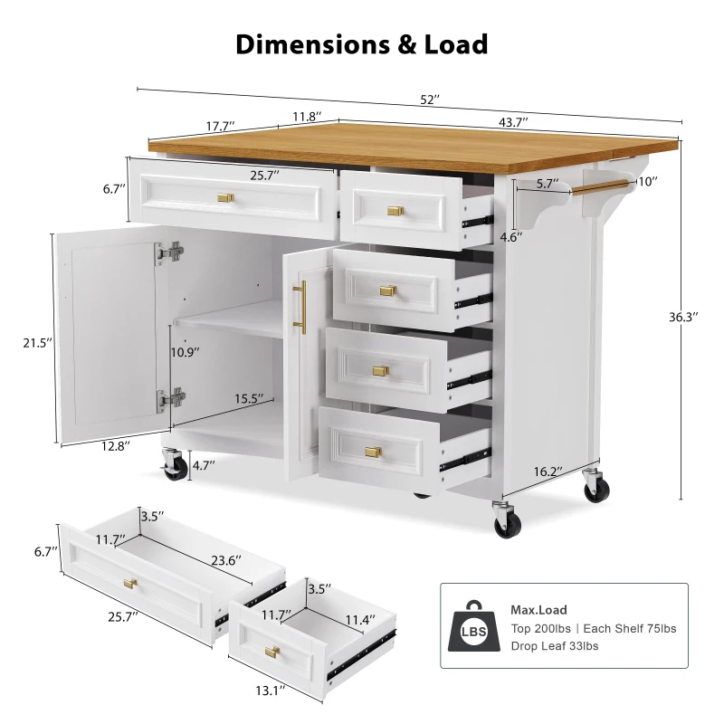 Kitchen Island with Spice Rack, Drop Leaf, Towel Rack, 2 Doors, 5 Drawers, Adjustable Shelf, Embossed Texture, 52" L x 29.5" W x 36" H, White