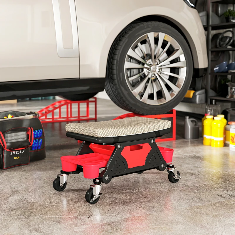 HOMCOM Rolling Garage Stool with Wheels, 300 LBS Capacity Padded Mechanic Stool with Tool Trays Storage, Grey