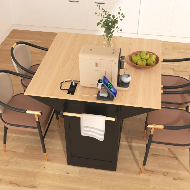 Kitchen Island with Dual Drop Leaf, 3 Drawers, 5 Wheels, Power Outlet, Adjustable Shelves, Spice and Towel Rack, 56" L x 34" W x 36.5" H, Black