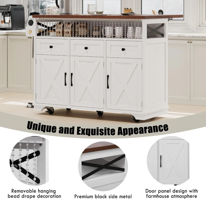 Farmhouse Kitchen Island Cart with Beaded Drape, Power Outlet, Drop Leaf, Rolling Wheels, 3 Doors, 3 Drawers, Adjustable Shelves, White