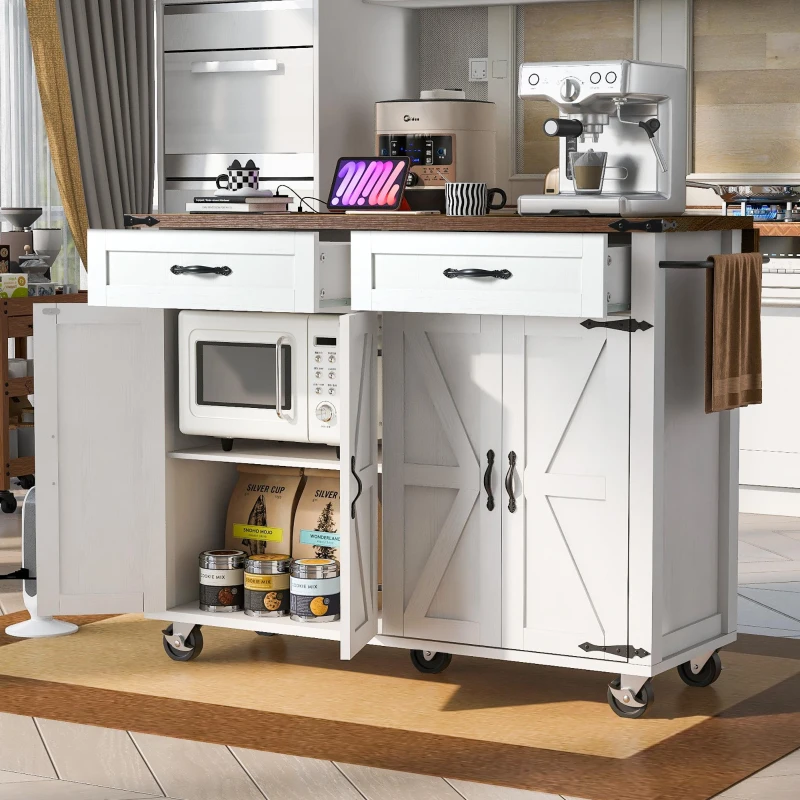 Farmhouse Kitchen Island with Drop Leaf, Power Outlet, Spice Rack and Drawer, Rolling Cart on Wheels, 53.5" L x 29" W x 36.5" H, White