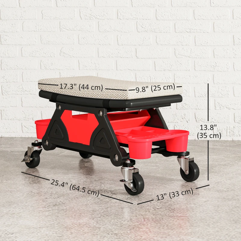 HOMCOM Rolling Garage Stool with Wheels, 300 LBS Capacity Padded Mechanic Stool with Tool Trays Storage, Grey