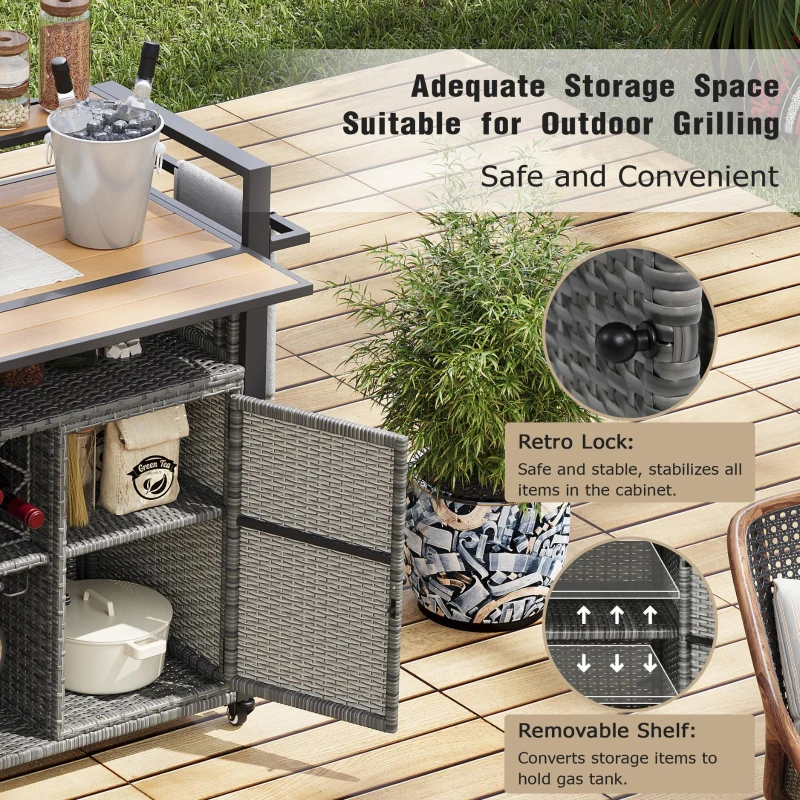 Outdoor Grill Cart with Extended Table Top, Rolling Kitchen Island on Wheels with Storage Cabinet, Double Handle, 53" L x 28.3" W x 41.5" H, Gray