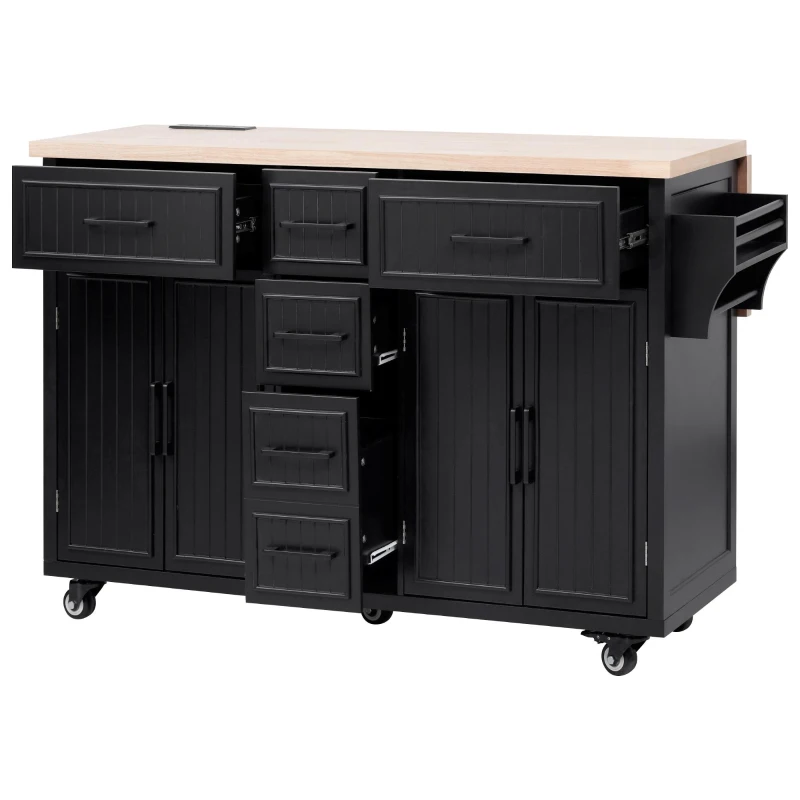 Kitchen Island with Drop Leaf and Power Outlet, Rolling Kitchen Cart on Wheels with 4 Doors, 5 Deep Drawers, Adjustable Shelves, Towel Rack, Black