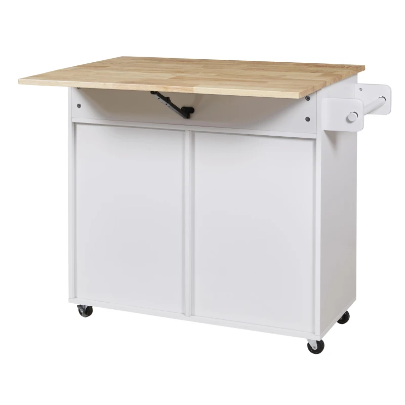 Rolling Kitchen Cart with Rubber Wood Top, Drawer with Dividers, Internal Storage Rack, Adjustable Shelves, 39" L x 26" W x 34" H, White