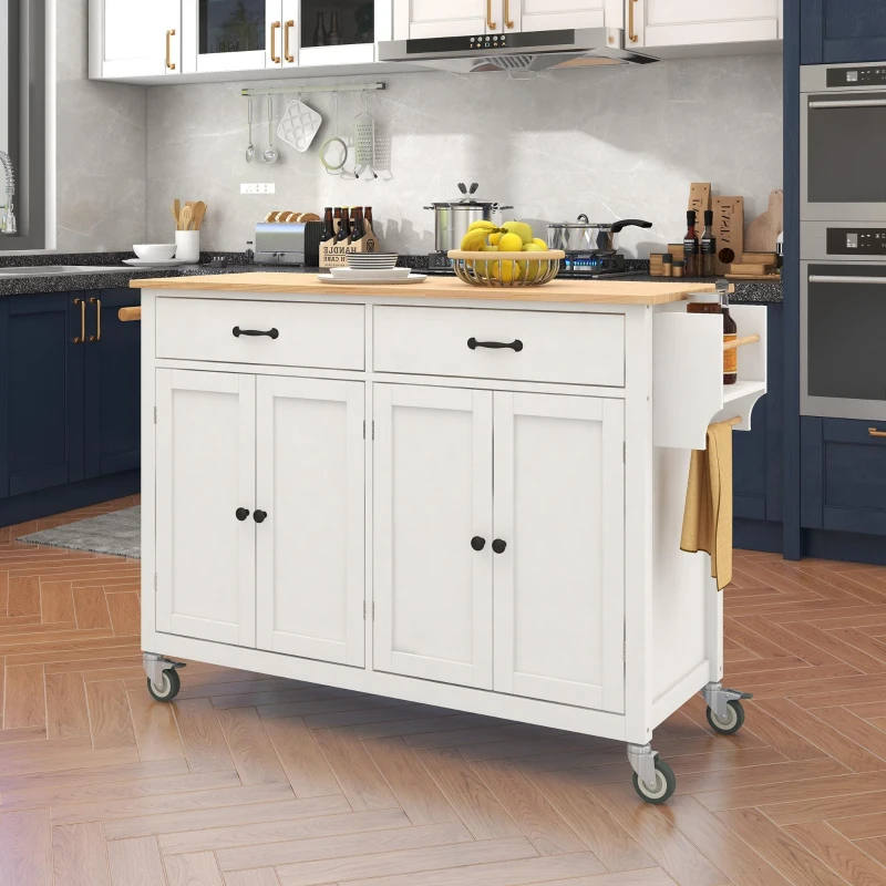 Kitchen Island Cart with 4-Door Cabinet, 2 Drawers, Solid Wood Top, Spice and Towel Racks, Locking Wheels, 54.5" L x 18.5" W x 36" H, White