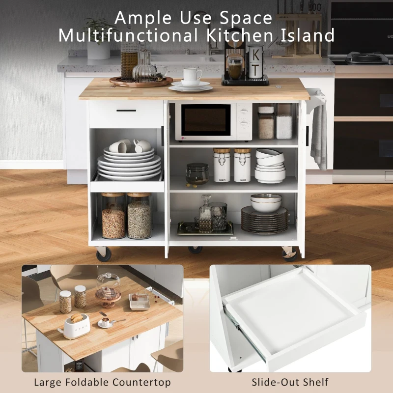 Kitchen Island Cart with Foldable Countertop, Adjustable Shelves, Towel Rack, Drawer, and Lockable Wheels, 49" L x 33.2" W x 37.5" H, White