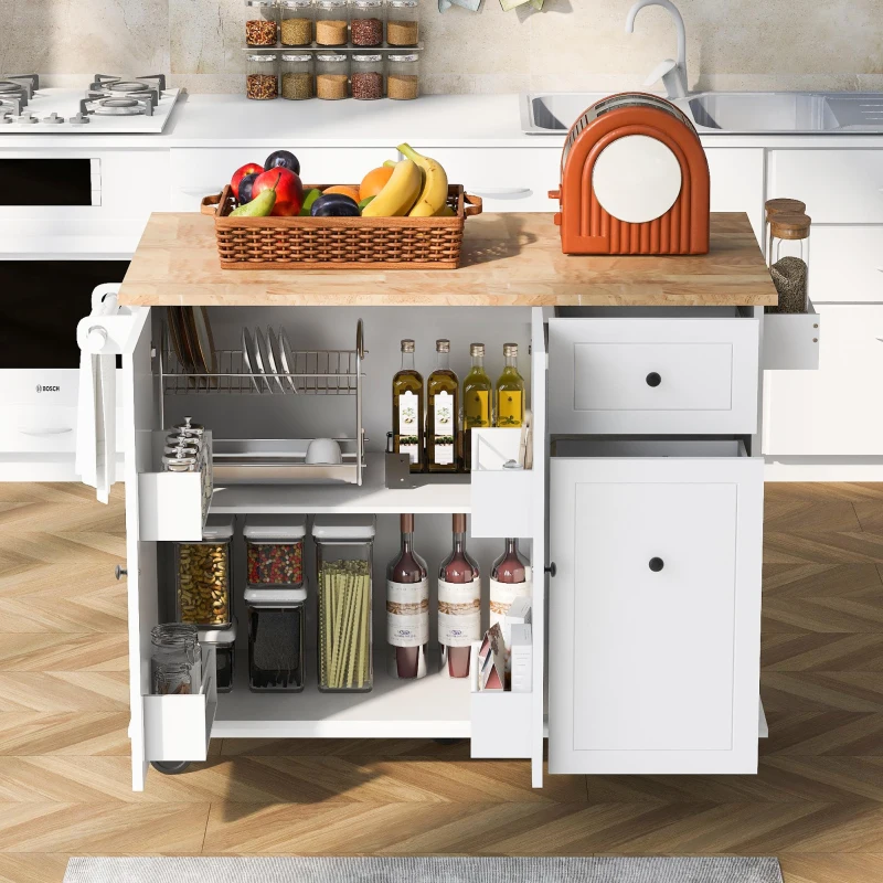Kitchen Island with 3-Tier Pull-Out Cabinet Organizer, Drop Leaf, Internal Storage Rack, Rolling Cart on Wheels, 54" L x 29" W x 37" H, White